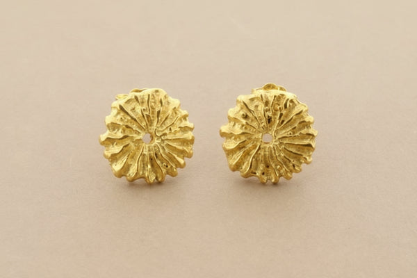 Pair of gold floral earrings on a gray background