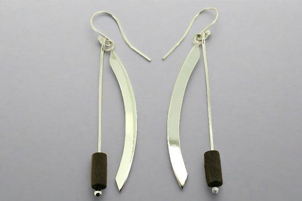 Curve & rosewood timber bead drop earring - sterling silver - Makers & Providers