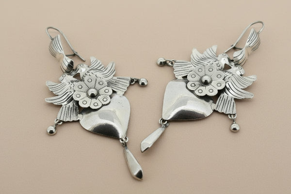 Birds & flower filigree drop earring - sterling silver