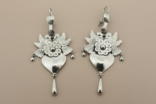 Birds & flower filigree drop earring - sterling silver