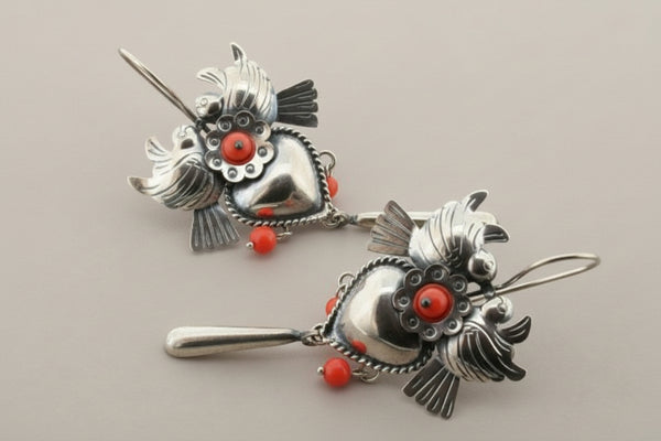 Birds & flower drop earring - orange bead