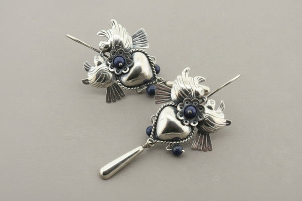 Birds & flower drop earring - blue bead