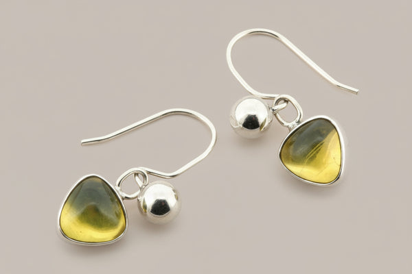 Triangle stone and silver ball bead drop earring - amber