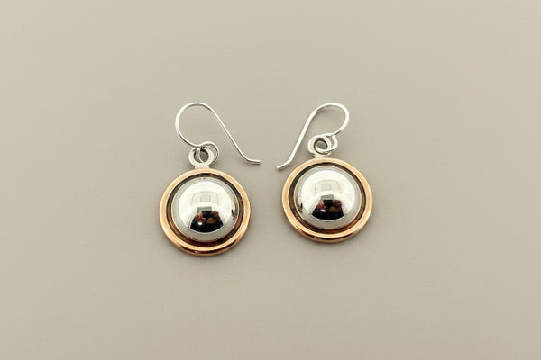 Silver & copper convex circle drop earring