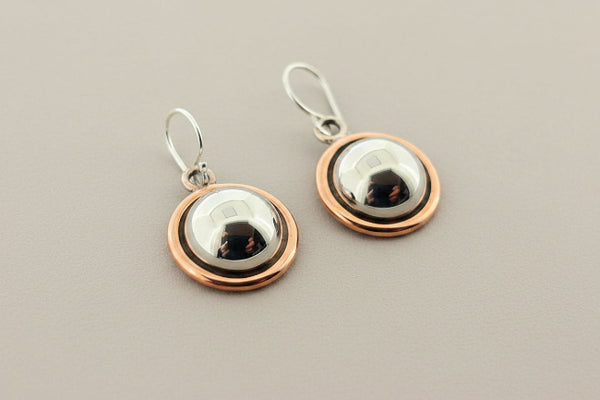 Silver & copper convex circle drop earring