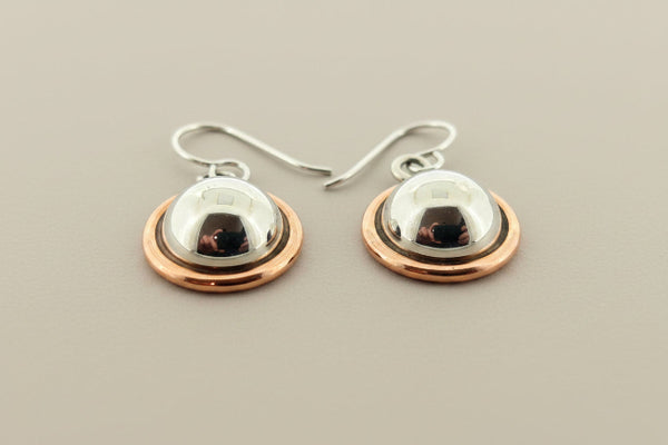 Silver & copper convex circle drop earring