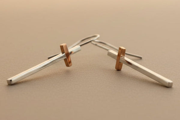 Silver & copper cross drop earring