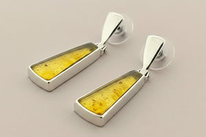 Pair of earrings with yellow center and silver frame on a gray background