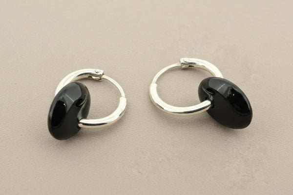 Silver hoop with black onyx disc earrings