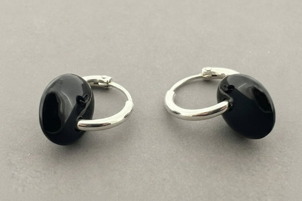 Silver hoop with black onyx disc earrings