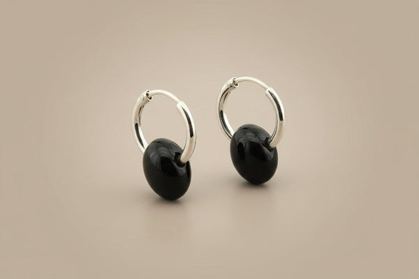 Silver hoop with black onyx disc earrings