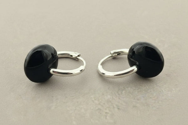 Silver hoop with black onyx disc earrings