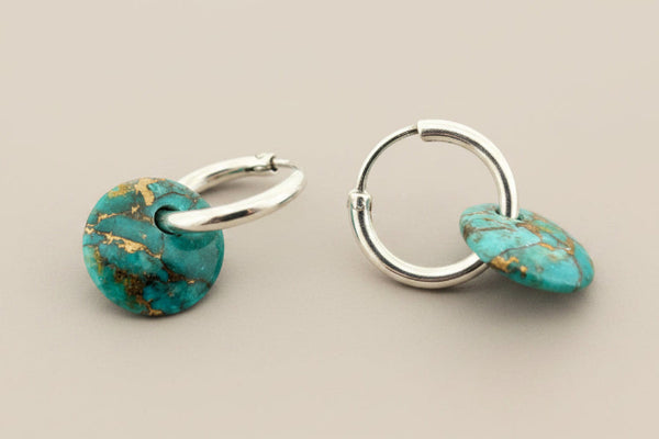 Silver hoop with bronzed turquoise disc earrings