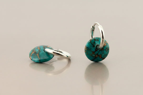 Silver hoop with bronzed turquoise disc earrings