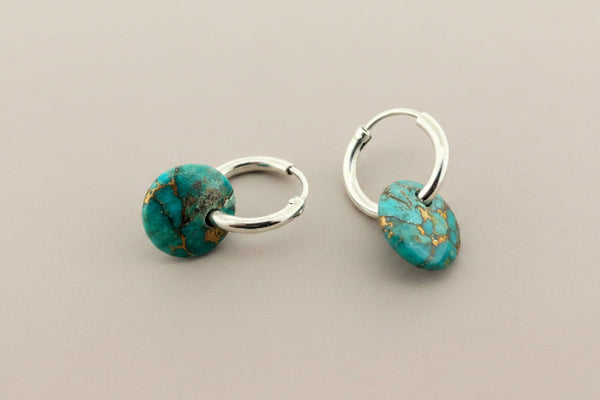 Silver hoop with bronzed turquoise disc earrings