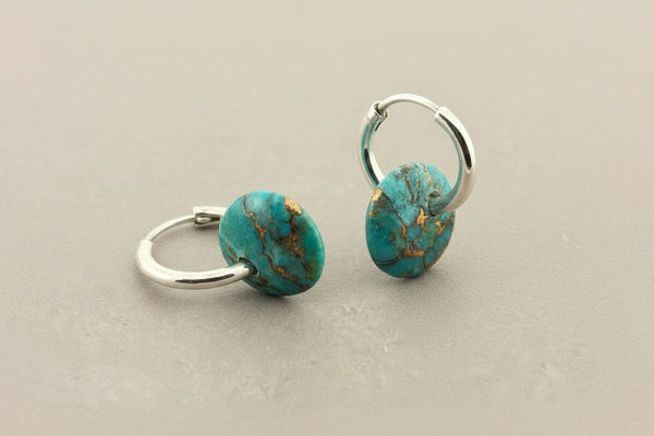 Silver hoop with bronzed turquoise disc earrings