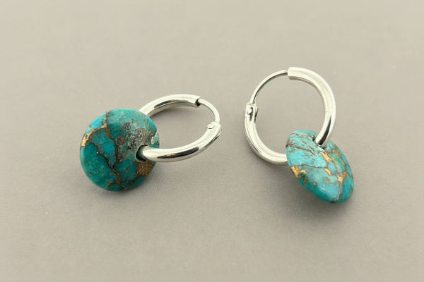 Silver hoop with bronzed turquoise disc earrings
