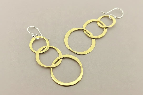 3 flattened brass hoop drop earrings