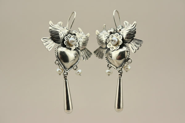 Birds & heart  with pearls drop earrings