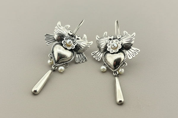 Birds & heart  with pearls drop earrings