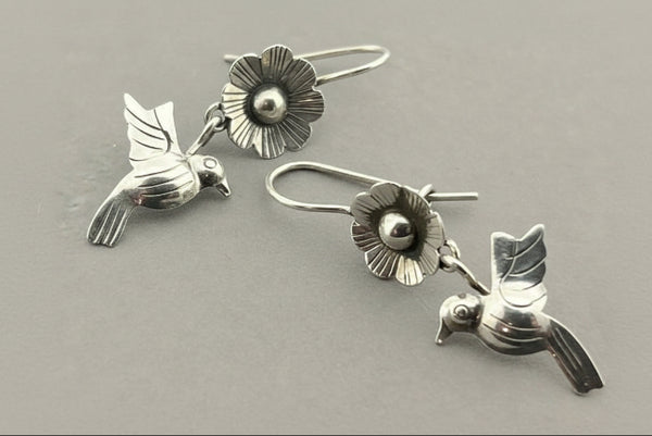 Flower with bird drop earring - sterling silver