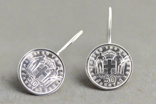 1959 Greek coin earring - sterling silver