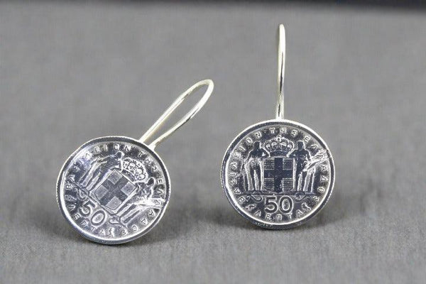 1959 Greek coin earring - sterling silver