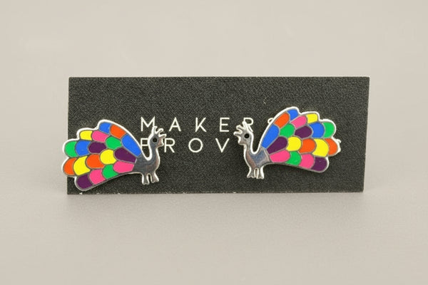 Peacock studs - enamelled silver