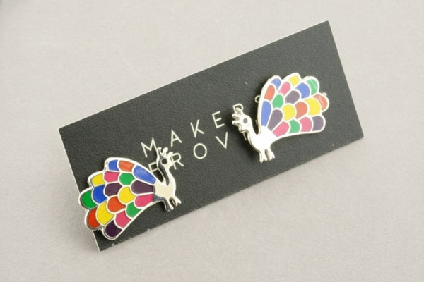 Peacock studs - enamelled silver