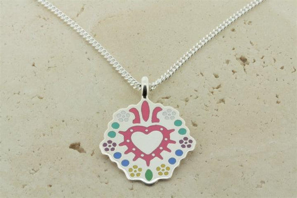multi colour enamel heart in shield pendant on 55cm link chain