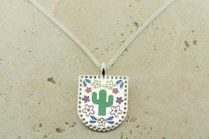 multi colour enamel cactus in shield pendant on 55cm link chain - Makers & Providers