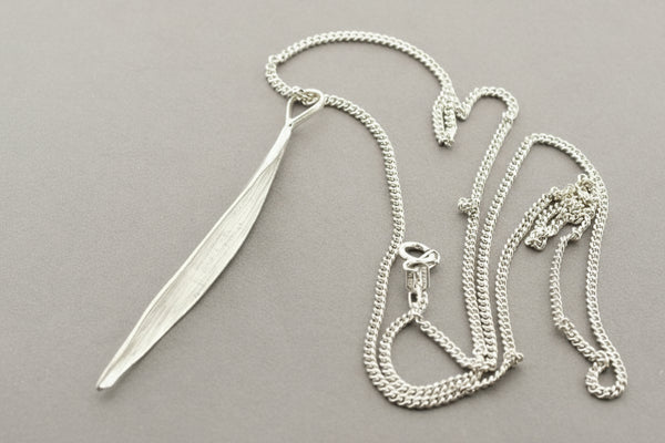 Long tea leaf pendant on 55cm link chain - silver