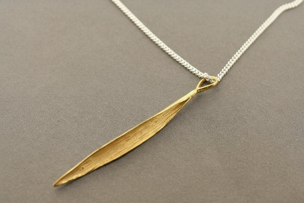Long tea leaf pendant - gold on 55cm silver chain