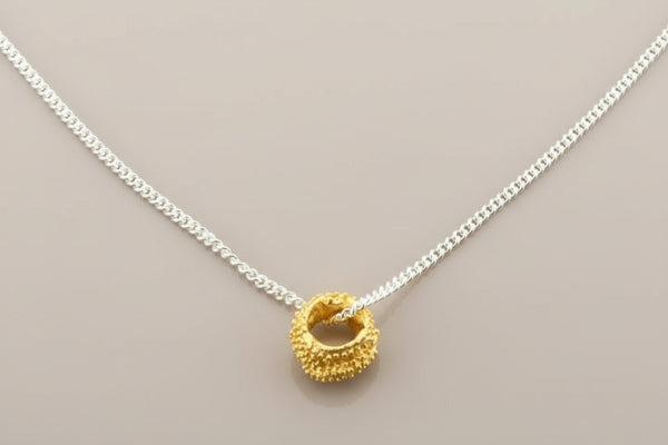 Gold pendant on a silver chain against a gray background