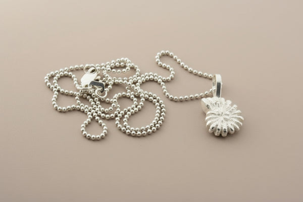 Silver spiral fossil pendant on 45cm ball chain - sterling silver