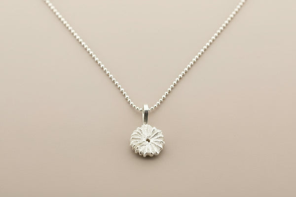 Silver necklace with a round pendant on a gray background