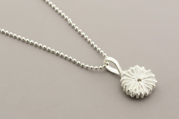 Silver necklace with a detailed pendant on a gray background
