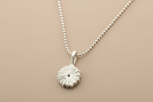 Silver necklace with a round pendant on a gray background