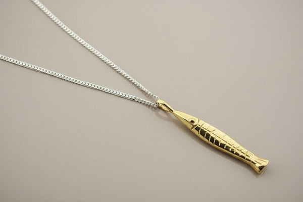 Golden anchovy pendant on 55cm link chain