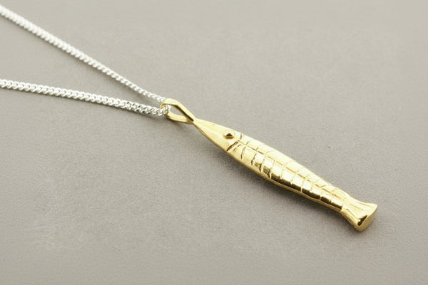 Golden anchovy pendant on 55cm link chain