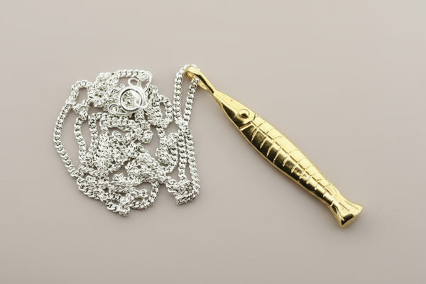 Golden anchovy pendant on 55cm link chain