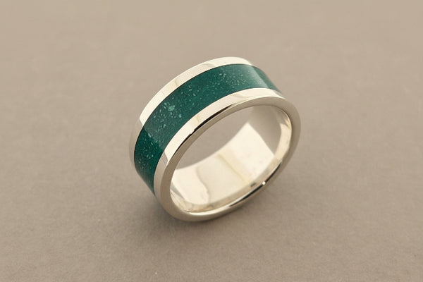 Green resin band ring - sterling silver