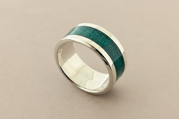 Green resin band ring - sterling silver