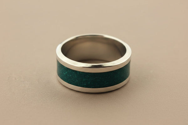 Green resin band ring - sterling silver