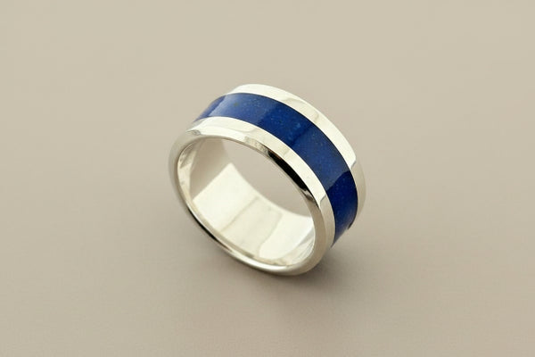 Blue resin band ring - sterling silver