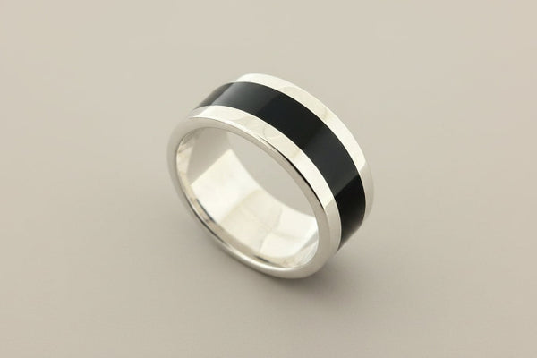 Black resin band ring - sterling silver