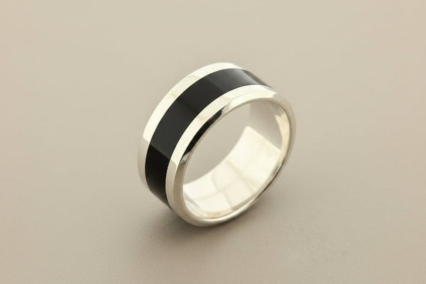 Black resin band ring - sterling silver