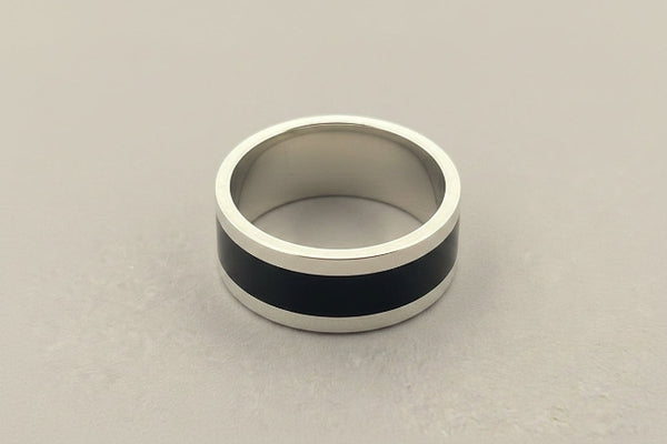 Black resin band ring - sterling silver