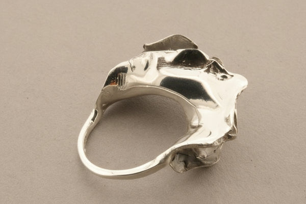 Silver ring with a unique design on a gray background
