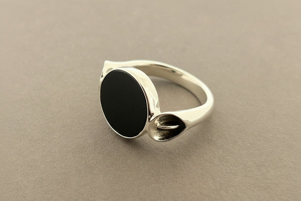 Black onyx circle disc ring - sterling silver